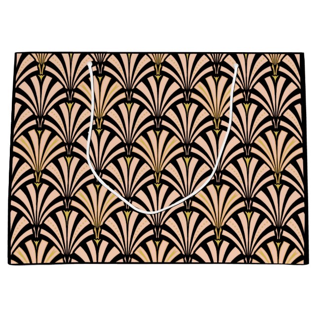 Art Deco fan pattern - peach on black Large Gift Bag (Front)