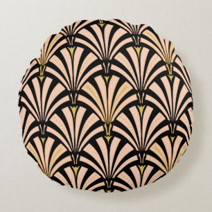 Art Deco fan pattern - peach on black Round Pillow