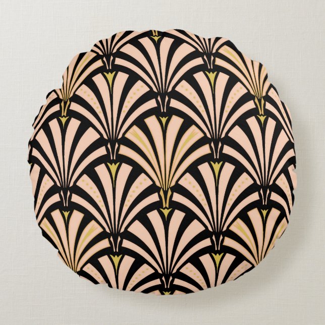 Art Deco fan pattern - peach on black Round Pillow (Front)
