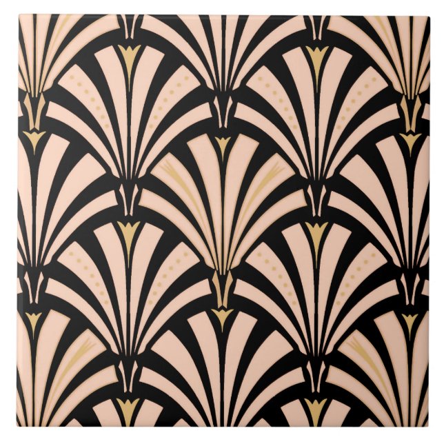 Art Deco fan pattern - peach on black Tile (Front)
