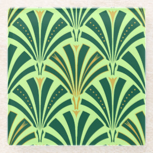 Art Deco fan pattern - pine and mint green Glass Coaster