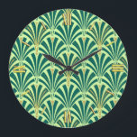 Art Deco fan pattern - pine and mint green Large Clock<br><div class="desc">Digital reproduction of a classic,  Art Deco wallpaper fan pattern - pine green on light mint green,  embellished with gold</div>