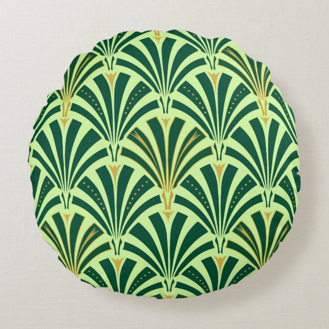 Art Deco fan pattern - pine and mint green Round Pillow (Front)