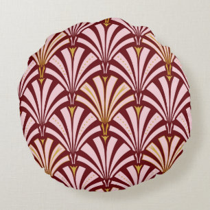 Art Deco fan pattern - pink and burgundy Round Pillow