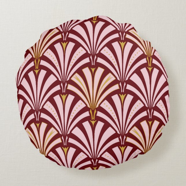 Art Deco fan pattern - pink and burgundy Round Pillow (Back)