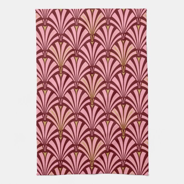 Art Deco fan pattern - pink and maroon Kitchen Towel (Vertical)