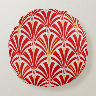 Art Deco fan pattern - red on pearl grey Round Pillow