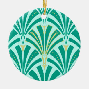 Art Deco fan pattern - turquoise on aqua Ceramic Ornament