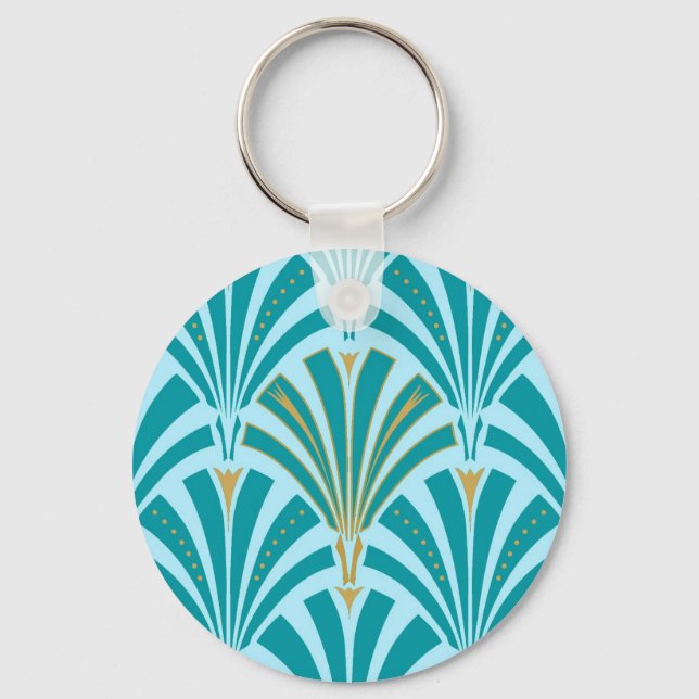 Art Deco fan pattern - turquoise on aqua Keychain (Front)