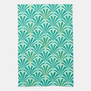 Art Deco fan pattern - turquoise on aqua Kitchen Towel