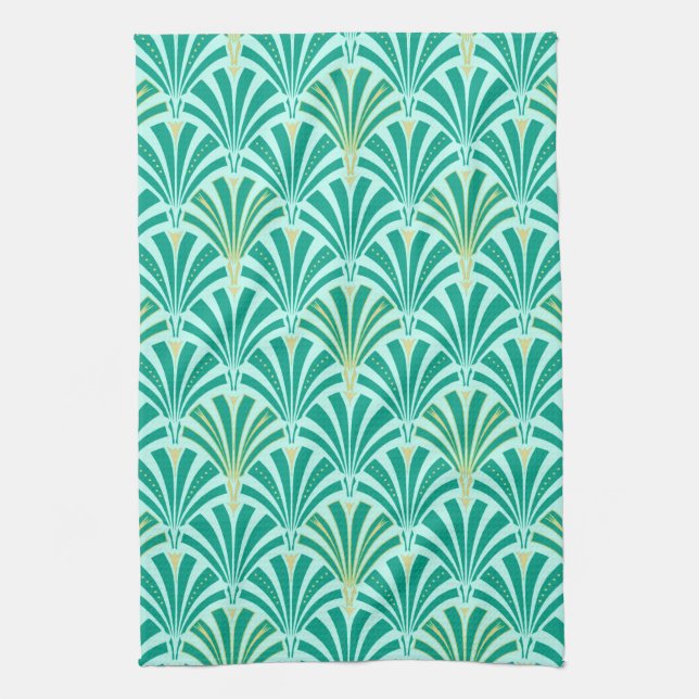 Art Deco fan pattern - turquoise on aqua Kitchen Towel (Vertical)