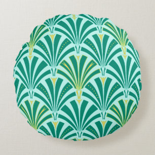 Art Deco fan pattern - turquoise on aqua Round Pillow