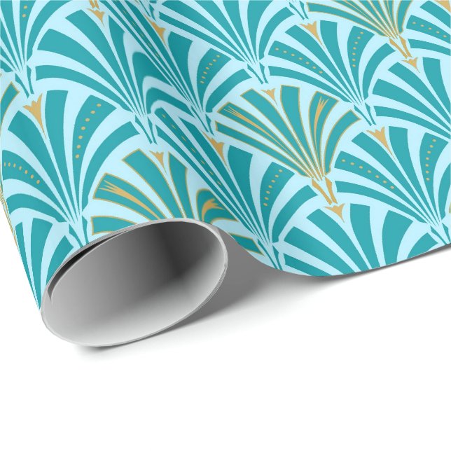 Art Deco fan pattern - turquoise on aqua Wrapping Paper (Roll Corner)
