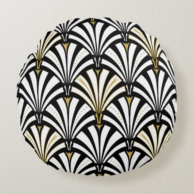 Art Deco fan pattern - white and black Round Pillow (Front)