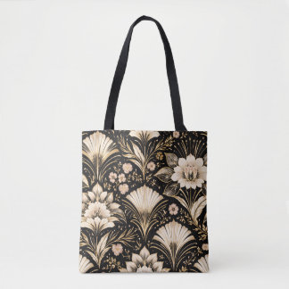 Art Deco Fan Style Floral Pattern Tote Bag