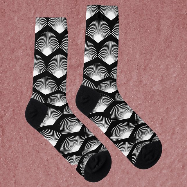 Art Deco Fan White Pattern Black Socks (A pair of socks with an art deco white fan pattern on a black background)