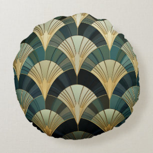 Art Deco fans - Gold on Emerald Round Pillow