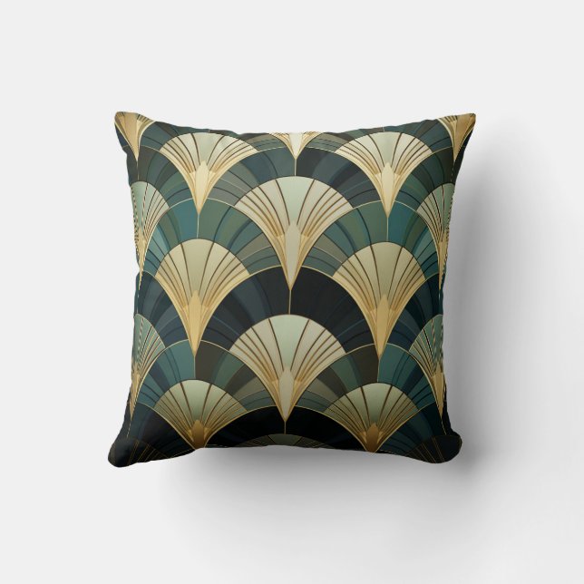 Art Deco fans - Gold on Emerald Throw Pillow (Back)
