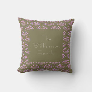 Art Deco Fans in Olive and Lilac Personalized Name Throw Pillow