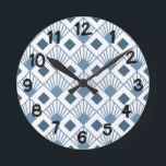 Art Deco Fans  Round Clock<br><div class="desc">This wall clock has an art deco design of dusty blue diamonds with diagonal lines and dark blue diamonds on a field of white.</div>
