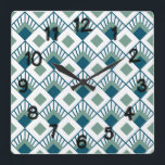 Art Deco Fans Square Wall Clock<br><div class="desc">This wall clock has an art deco design of teal diamonds with diagonal lines and seafoam green diamonds on a field of white.</div>