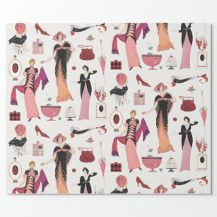ART DECO FASHION IN PINK & BLACK TOILE DECOUPAGE WRAPPING PAPER