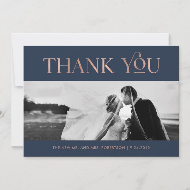 Art Deco Faux Rose Gold on Navy | Photo Thank You (Front)