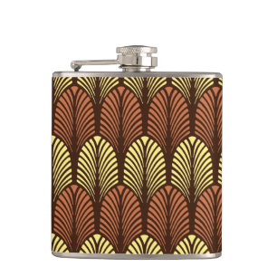 Art Deco Feather Pattern, Dark Brown and Rust Hip Flask