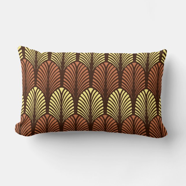 Art Deco Feather Pattern, Dark Brown and Rust Lumbar Pillow (Front)