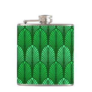 Art Deco Feather Pattern, Emerald Green Hip Flask