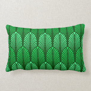 Art Deco Feather Pattern, Emerald Green Lumbar Pillow