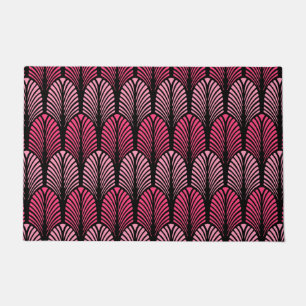 Art Deco Feather Pattern, Fuchsia Pink and Black Doormat