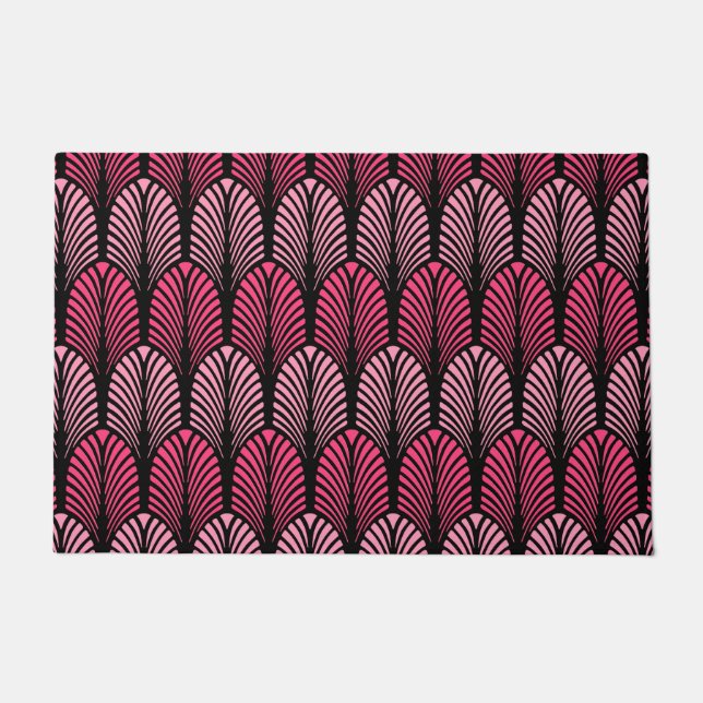 Art Deco Feather Pattern, Fuchsia Pink and Black Doormat (Front)