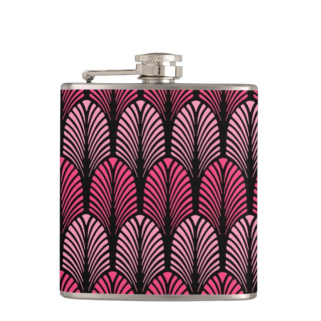 Art Deco Feather Pattern, Fuchsia Pink and Black Hip Flask (Front)
