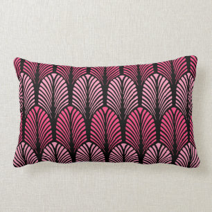 Art Deco Feather Pattern, Fuchsia Pink and Black Lumbar Pillow