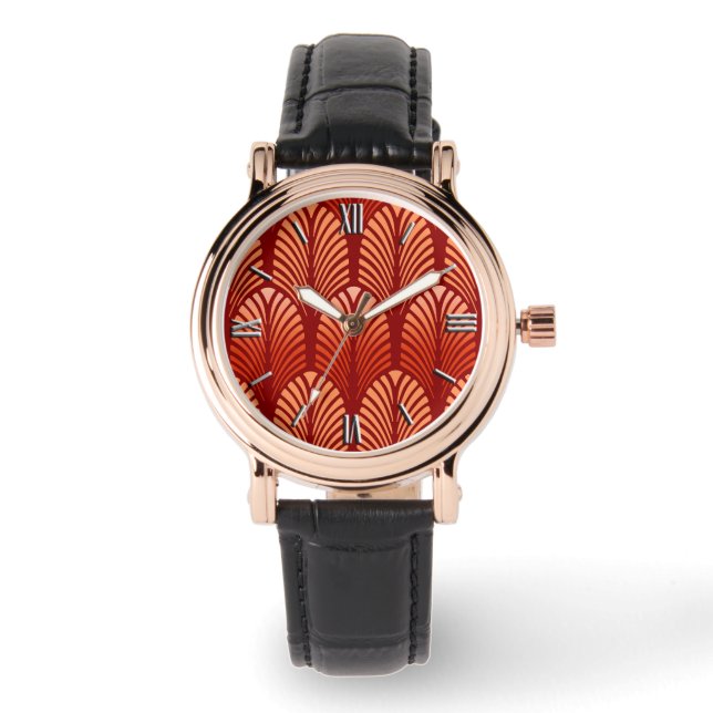 Art Deco Feather Pattern, Mandarin Orange Watch (Front)