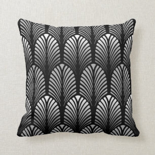 Art Deco Feather Pattern, Silver Gray and Black Throw Pillow
