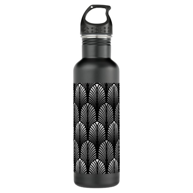 Art Deco Feather Pattern, Silver Grey and Black 710 Ml Water Bottle (Front)