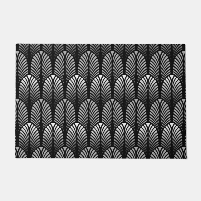 Art Deco Feather Pattern, Silver Grey and Black Doormat (Front)