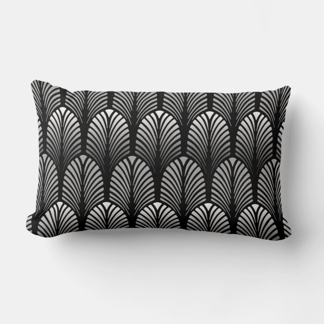 Art Deco Feather Pattern, Silver Grey and Black Lumbar Pillow (Front)
