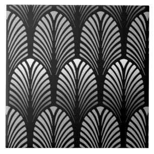 Art Deco Feather Pattern, Silver Grey and Black Tile