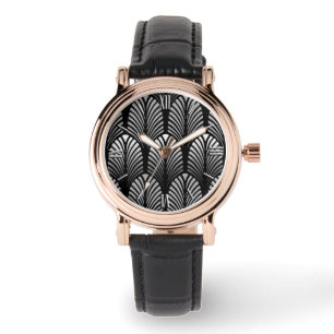 Art Deco Feather Pattern, Silver Grey and Black Watch
