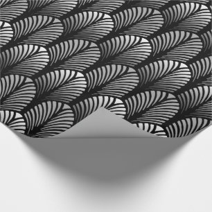 Art Deco Feather Pattern, Silver Grey and Black Wrapping Paper