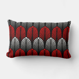 Art Deco Feather Pattern, Silver Grey and Red Lumbar Pillow