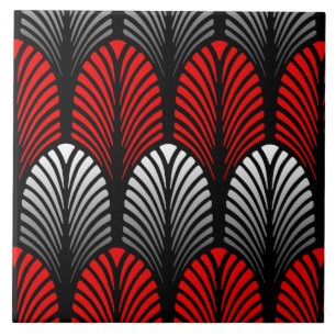 Art Deco Feather Pattern, Silver Grey and Red Tile