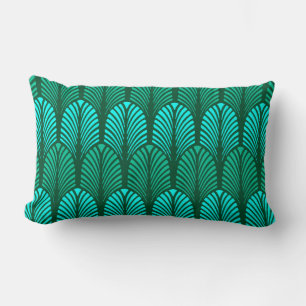 Art Deco Feather Pattern, Turquoise and Aqua Lumbar Pillow