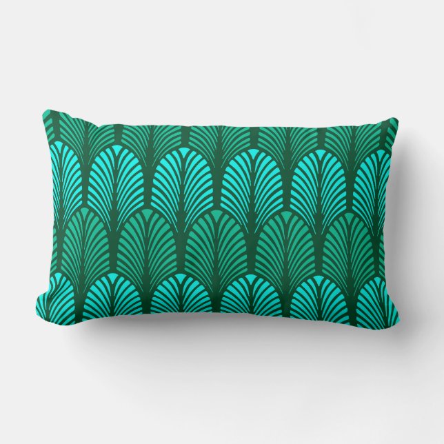 Art Deco Feather Pattern, Turquoise and Aqua Lumbar Pillow (Front)