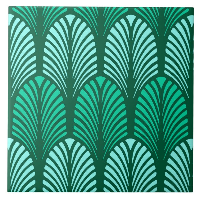Art Deco Feather Pattern, Turquoise and Aqua Tile (Front)