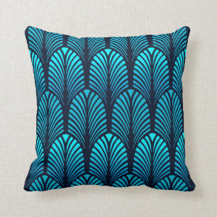 Art Deco Feather Pattern, Turquoise and Navy Throw Pillow