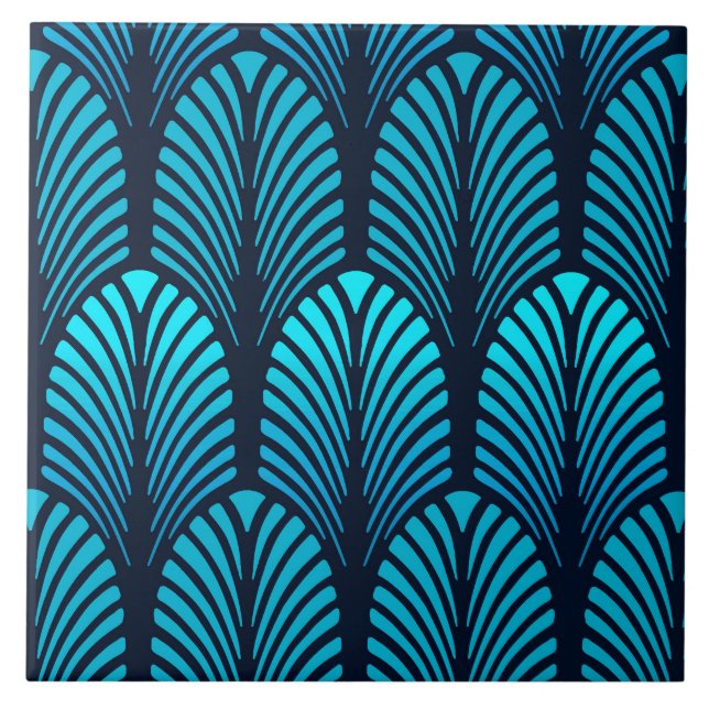 Art Deco Feather Pattern, Turquoise and Navy Tile (Front)